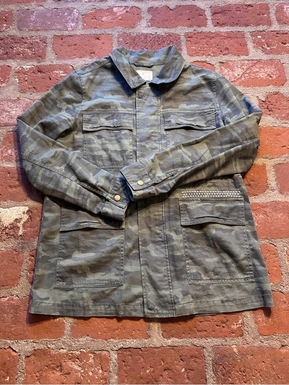 Caslon Women's Large Metallic Stretch Utility Jacket Olive Green Camo